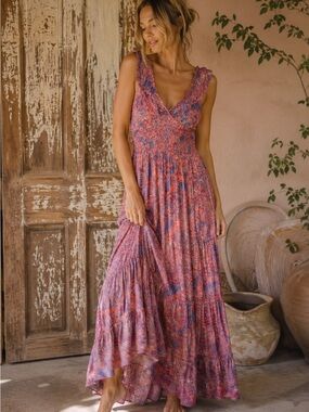 Karma Highway Pink & Blue Paisley Smocked Maxi Dress Boho One Size